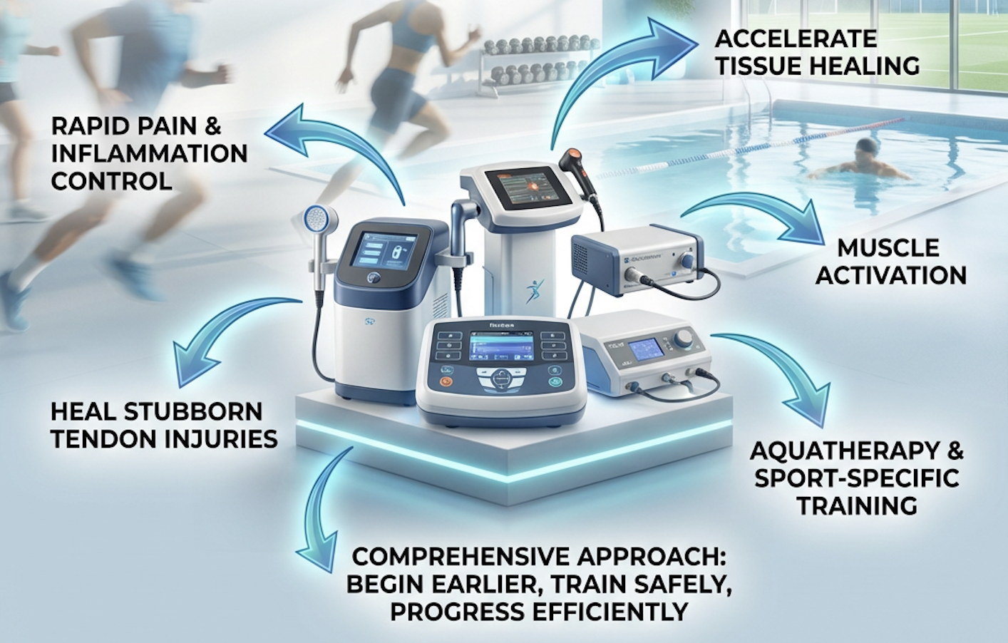 Sports rehabilitation equipment including cryotherapy, shockwave therapy, laser therapy, and performance testing